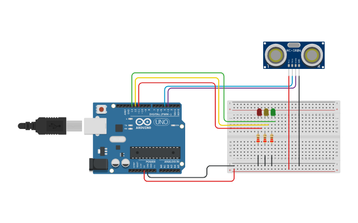 Circuit design Ultrasonic Sensor - Traffic light - Tinkercad