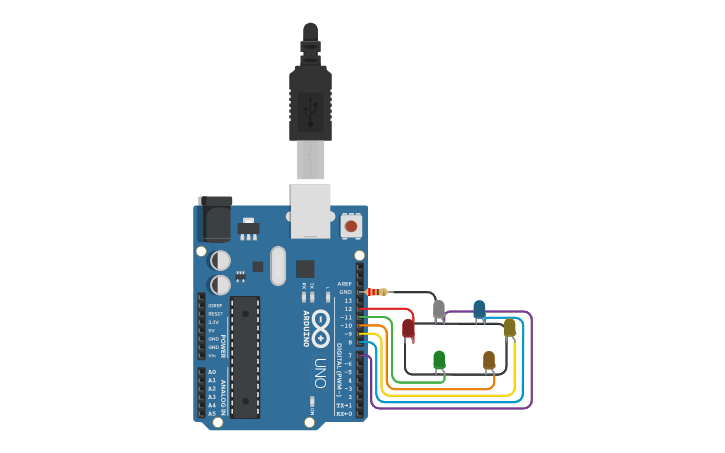 Circuit design 6 LED's flashing Arduino - Tinkercad