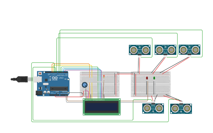 Circuit design Smart Car Parking SystemMini Project IOT 18 | Tinkercad