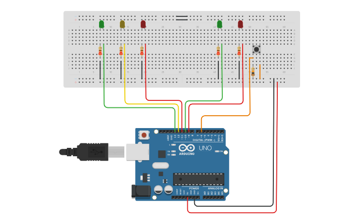 Circuit design Semáforos con Pulsador - Tinkercad