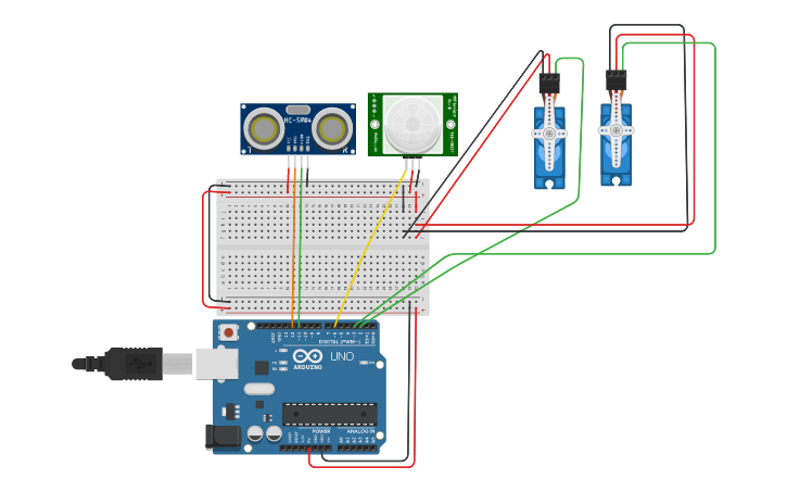 Circuit design Servo Motor Rotation using SONAR and PIR Sensor - Tinkercad