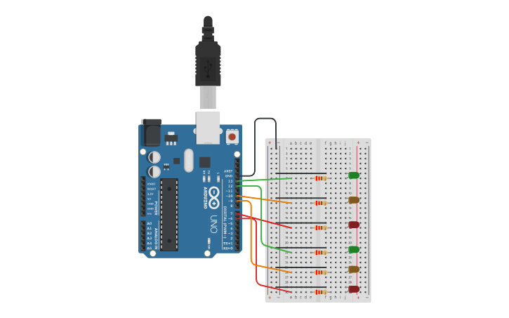 Circuit design Semáforo Doble en Scratch - Prof. Kevin Pérez - Tinkercad