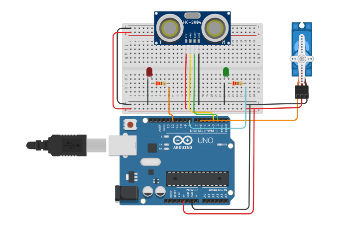 Circuit design Copy of PUERTA AUTOMÁTICA CON SENSOR US. Y S.M. | Tinkercad