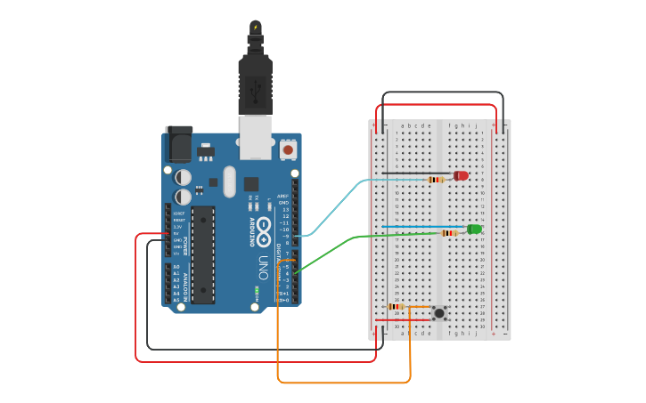 Circuit design two led push button - Tinkercad