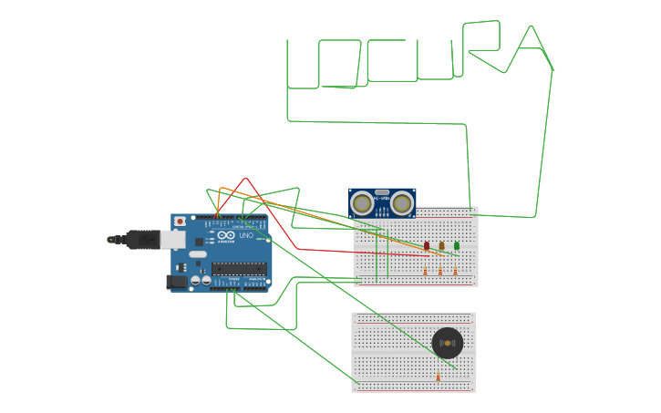 Circuit design SENSOR DE DIISTANCIA + SONIDO | Tinkercad