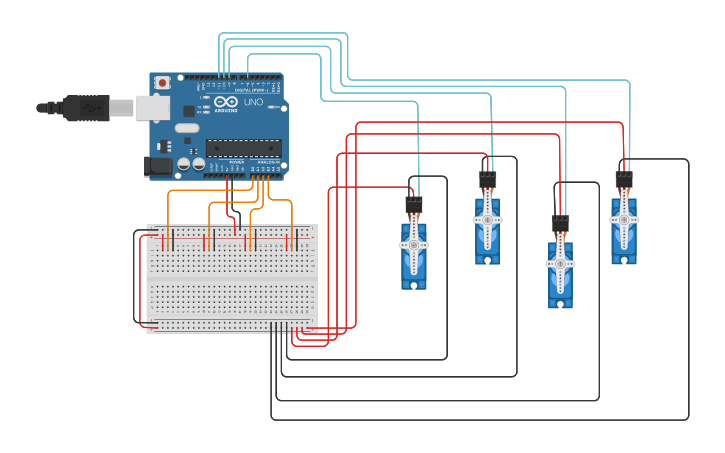 Circuit design Lab 12-5 potentiometer X4 control servo X4 - Tinkercad