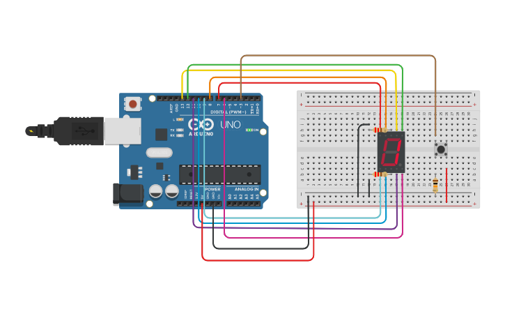 Circuit design seven segment button counting - Tinkercad