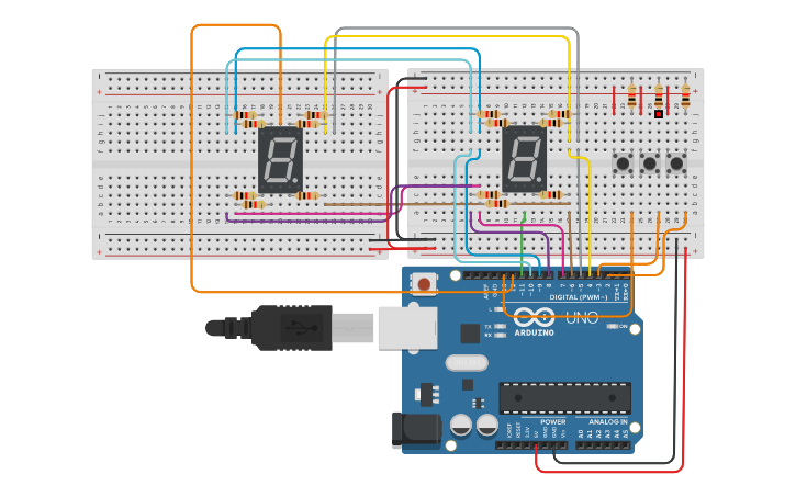 Circuit design Boiago display 7 segmentos e menu | Tinkercad