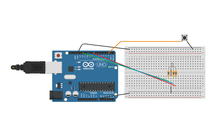 Circuit design Led RGB com botão - Tinkercad