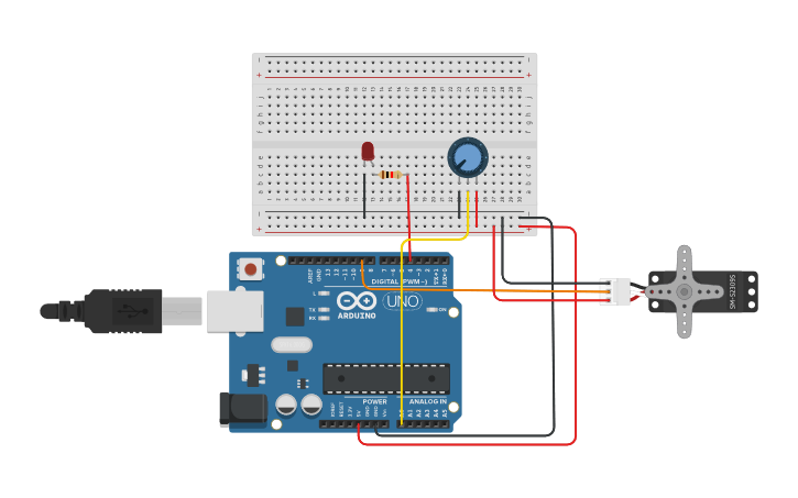 Circuit design Регулирование поворота сервопривода - Tinkercad