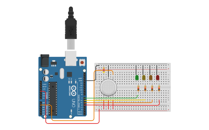 Circuit design Sensor de Gas MQ2 - Tinkercad