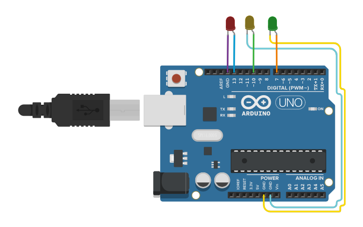 Circuit design Three Blinking LEDs with Arduino UNO R3 - Tinkercad
