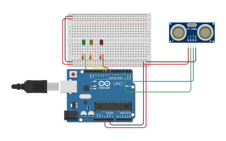 Circuit design Ultrasonidos 3 leds - Tinkercad