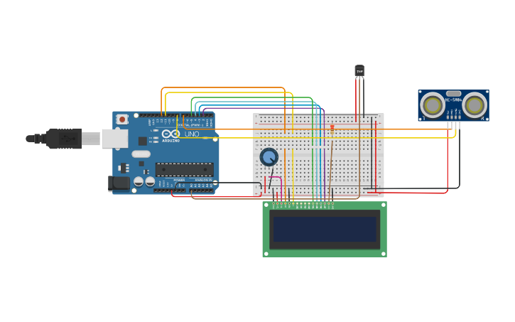 Circuit design Arduino - Sensor Temperatura y Ultrasónico - Tinkercad