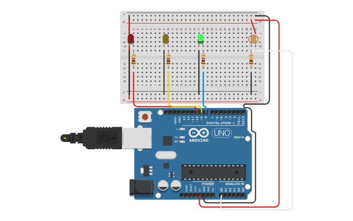 Circuit design Controlando sensor LDR | Tinkercad