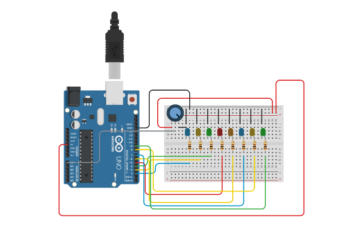 Circuit design Rainbow LED Chaser w Ardui9no - Tinkercad