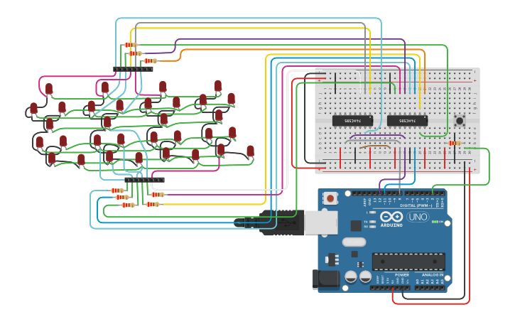 Circuit design simulation 4-7 segment with LEDs - Tinkercad