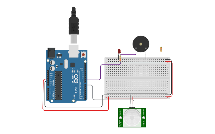 Circuit design E3: DETECTING MOTION (INFRARED SENSORS) - Tinkercad image.