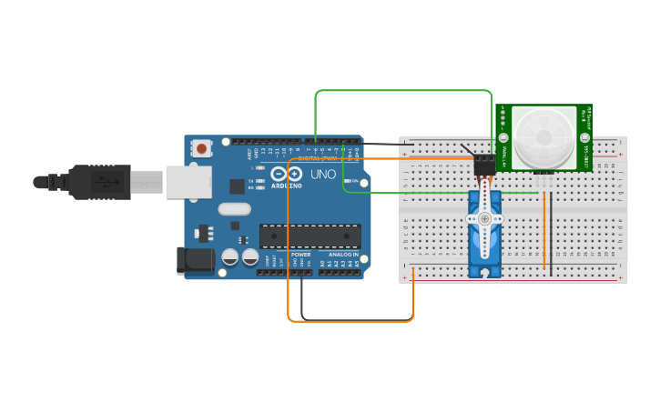 Circuit design PIR sensor with servo motor - Tinkercad
