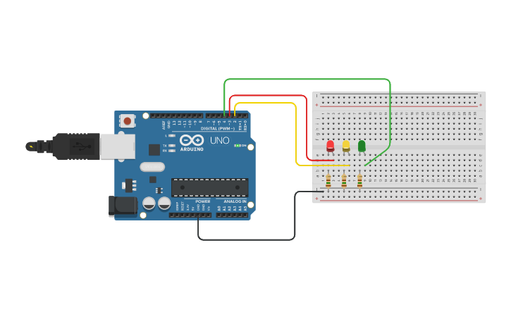 Circuit design 3 LED running light - Tinkercad
