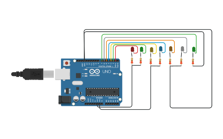 Circuit design 7 LEDS ARDUINO - Tinkercad