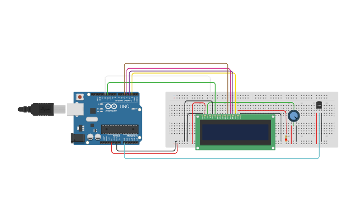 Circuit design TMP36 on LCD 16x2 display - Tinkercad