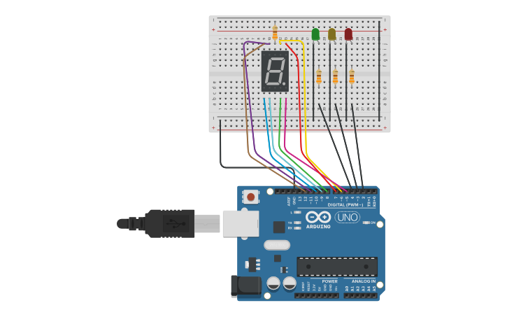 Circuit design Practuica1_Semaforo con temporizador - Tinkercad