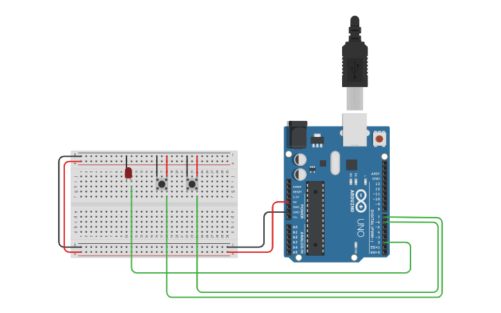 Circuit design 2 boutons pour allumer led - Tinkercad