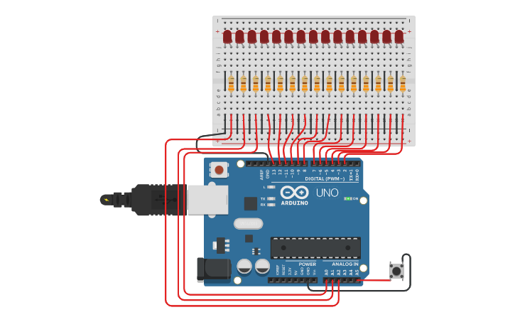 Circuit design Binary button counter - Tinkercad