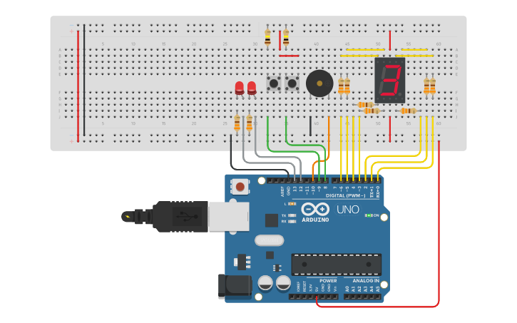 Circuit design 7 segments + buttons - Tinkercad