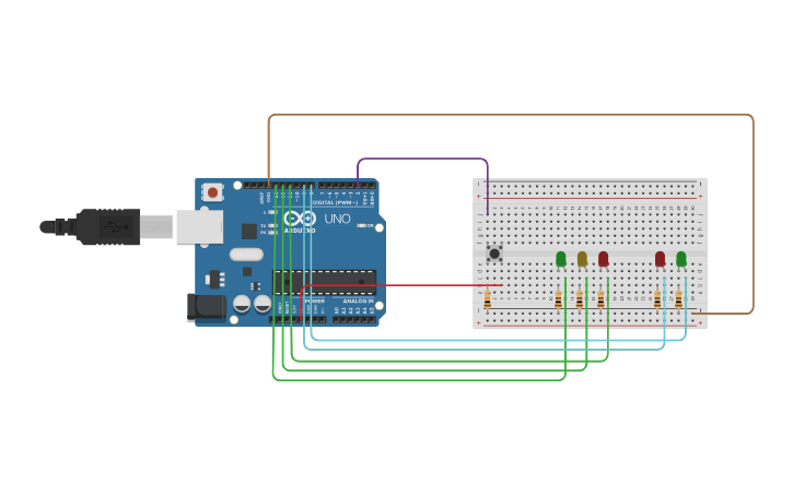 Circuit design Semáforo com Botão - Tinkercad