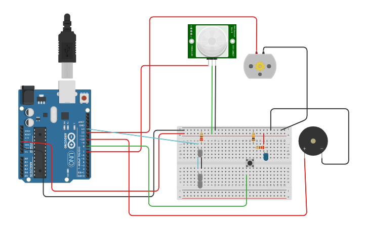 Circuit design Sensor Movimento + Motor + Led | Tinkercad