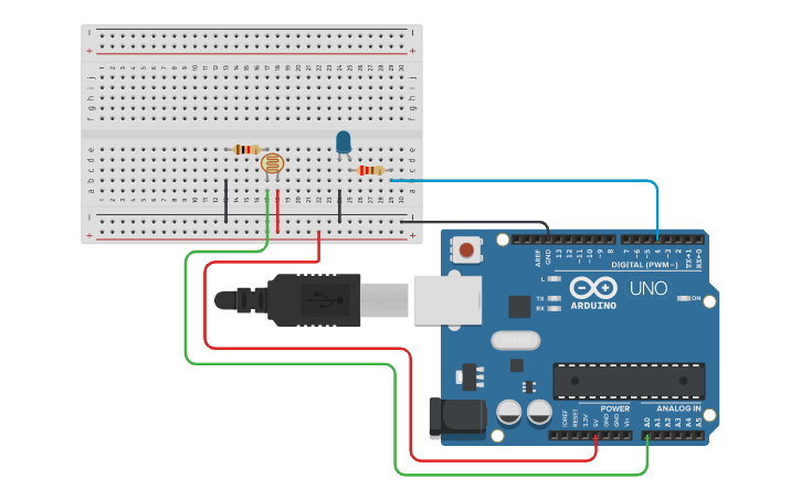 Circuit design Práctica 4 - LDR en Led Digital - Tinkercad