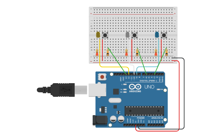 Circuit design 3 leds, 3 pulsadores | Tinkercad