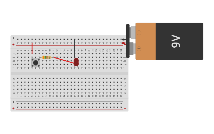 Circuit design Glowing LED using switch on breadboard. - Tinkercad