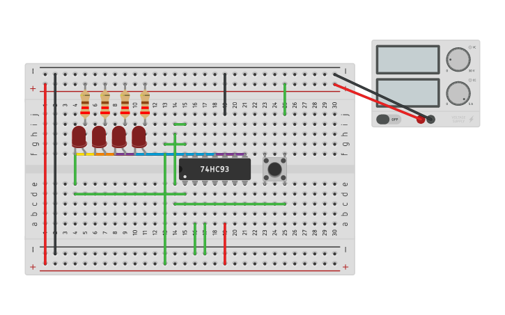 Circuit design Blink LED using 74HC93 - Tinkercad