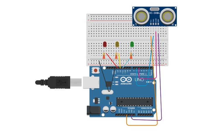 Circuit design Práctica 6.b Sensor de ultrasonidos con 3 leds. | Tinkercad
