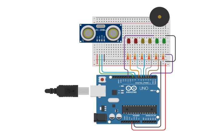 Circuit design arduino_ultrasonic_bargraph - Tinkercad