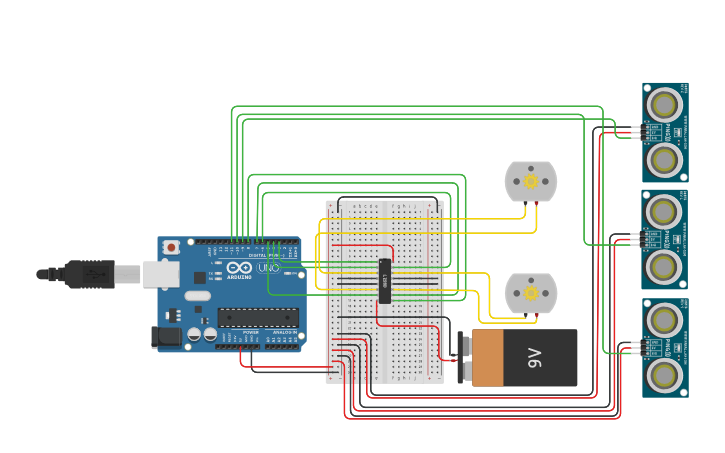 Circuit design line follower with ultrasonic sensor - Tinkercad