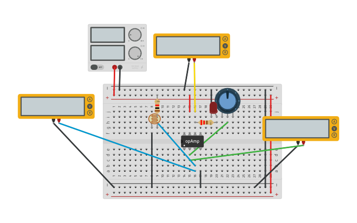 Circuit design Darkness sensor with op-amp as comparator - Tinkercad
