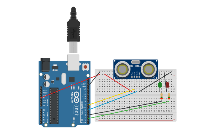 Circuit design sensor ultra sonido - Tinkercad