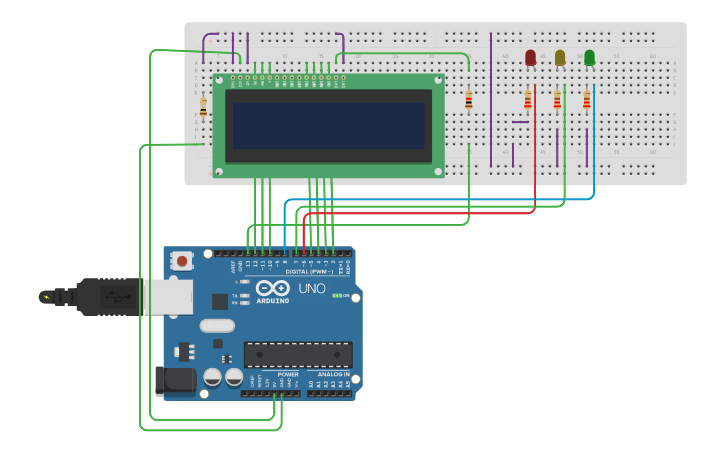 Circuit design Arduino LCD and LED - Tinkercad