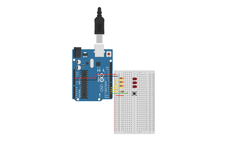 Circuit design 3 - LEDs y boton + Codigo - Tinkercad