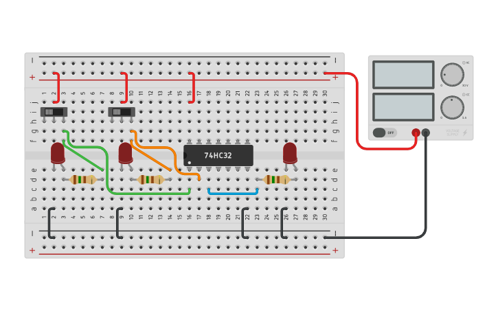 Circuit design OU(OR) no CI 7432+ | Tinkercad