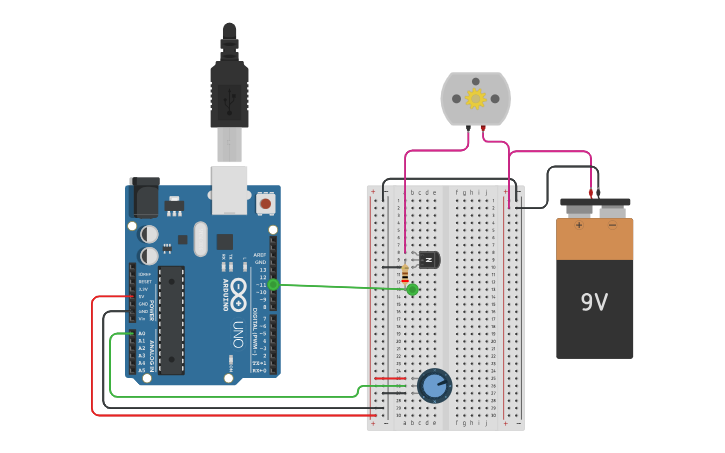 Circuit design Motor one direction, without diode - Tinkercad