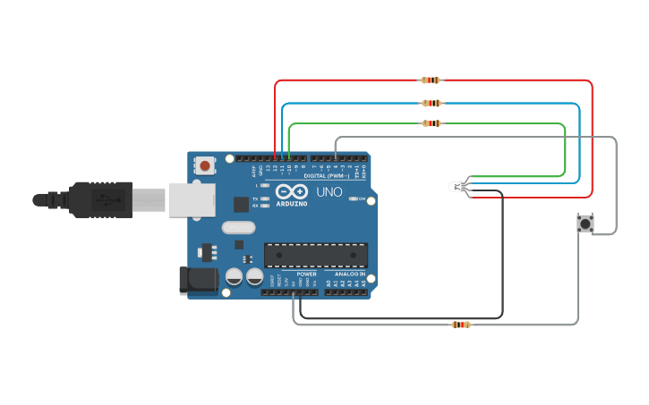 Circuit design tricolor LED - Tinkercad