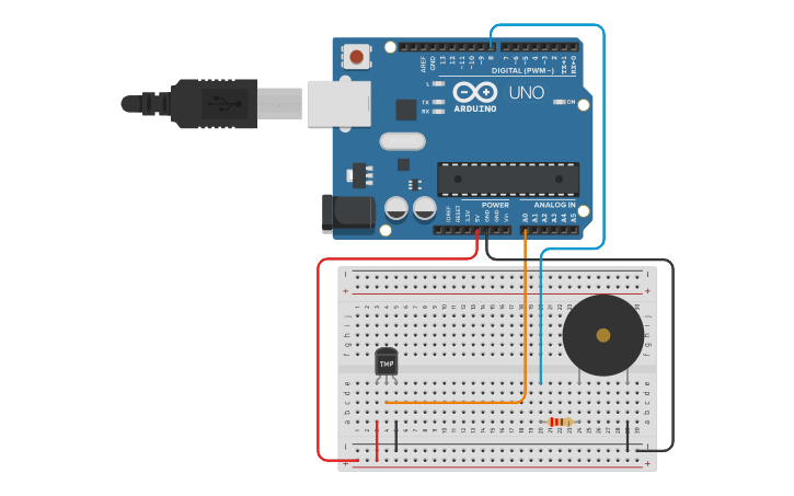 Circuit design Thermistor + Alarm - Tinkercad
