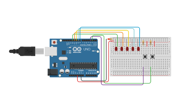 Circuit design Interrupciones externas y Array Arduino - Tinkercad