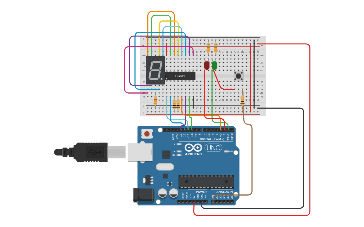Circuit design 7 segment display with 4bit latch - Tinkercad