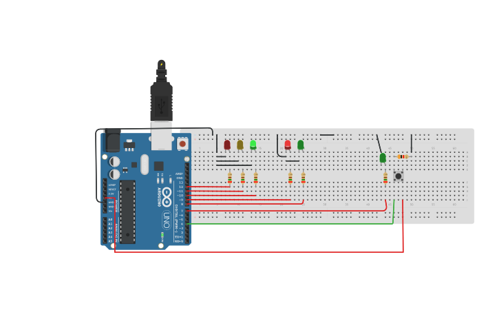 Circuit design Semaforo y peatonal con boton pulsador - Tinkercad